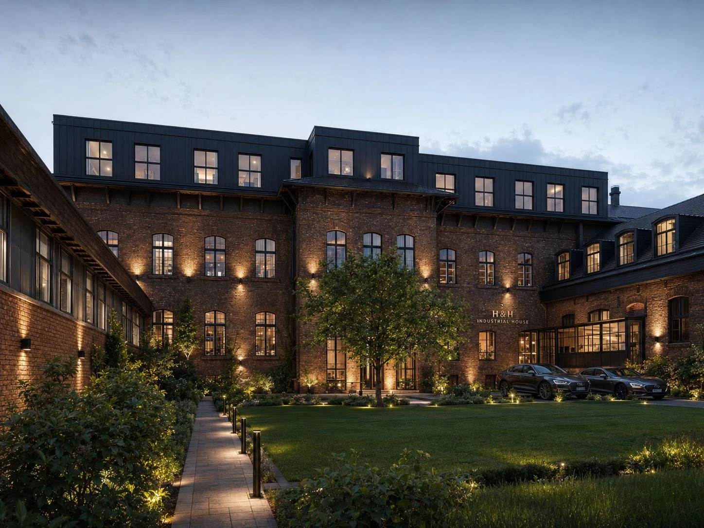Industrial House – felújított tégla ipari udvarépület esti fényben