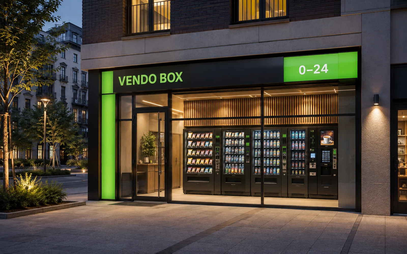 Retail Locations – VENDO BOX 0–24 automataüzlet látványterve